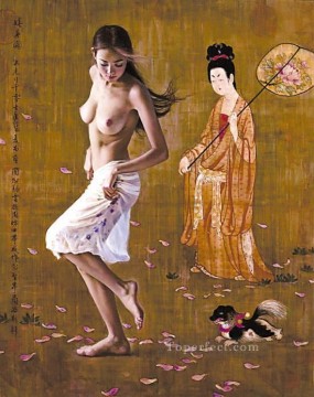 Flores Cayendo Chica China Desnuda Pinturas al óleo